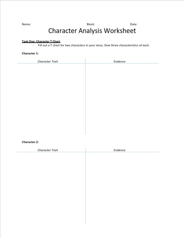Character Analysis Worksheet   (PDF)