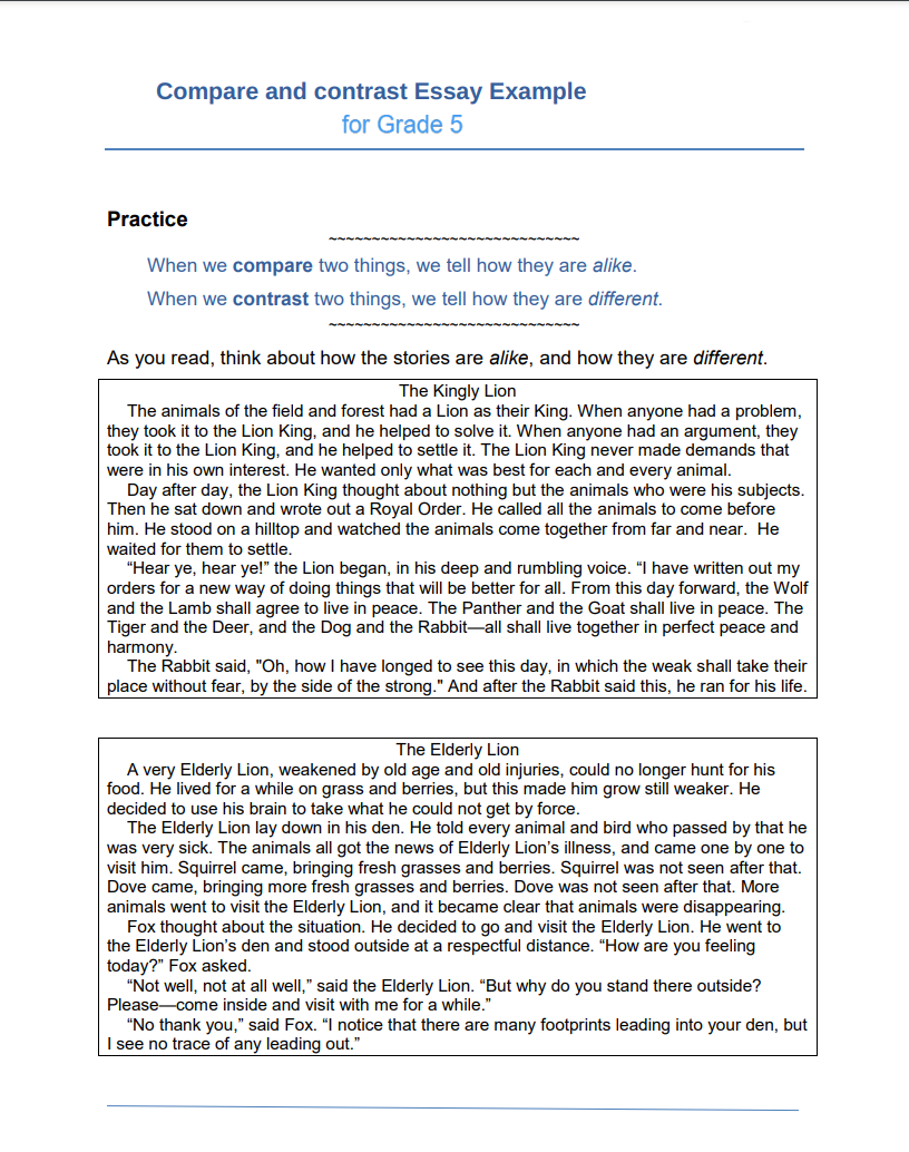  Compare and Contrast Essay Examples 5th Grade