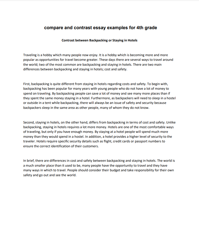  Compare and Contrast Essay Examples for 4th Grade 
