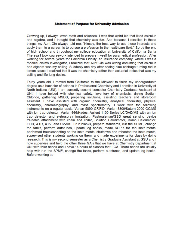 Statement of Purpose for University Admission  (PDF)
